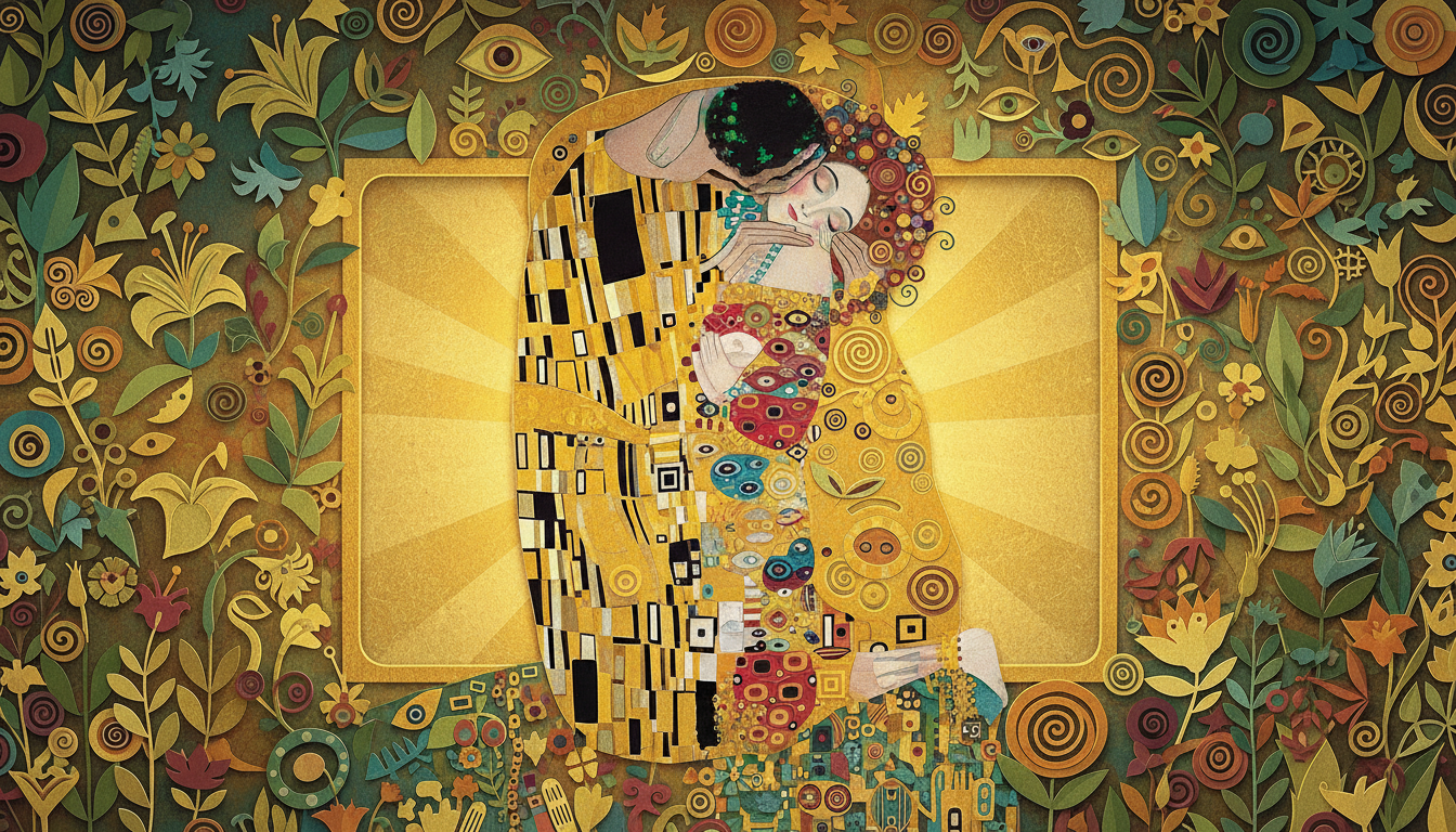 Gustav Klimt's The Kiss showing a couple wrapped in a gilded robe embracing on a flowered meadow