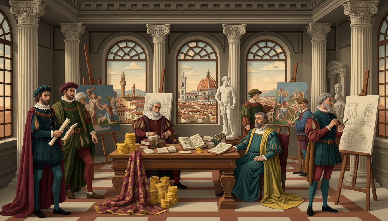 Portraits of Medici patrons with Renaissance artworks and Florentine architecture